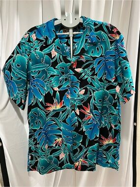 Men's Black Tropical Leaf Button-Down Shirt in Teal Blue